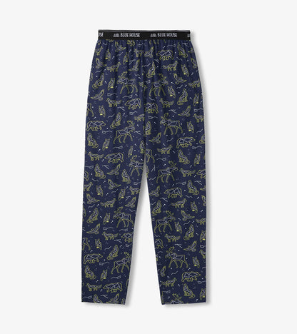 Navy pajama pants laid flat with animal constellation print and black logo waistband