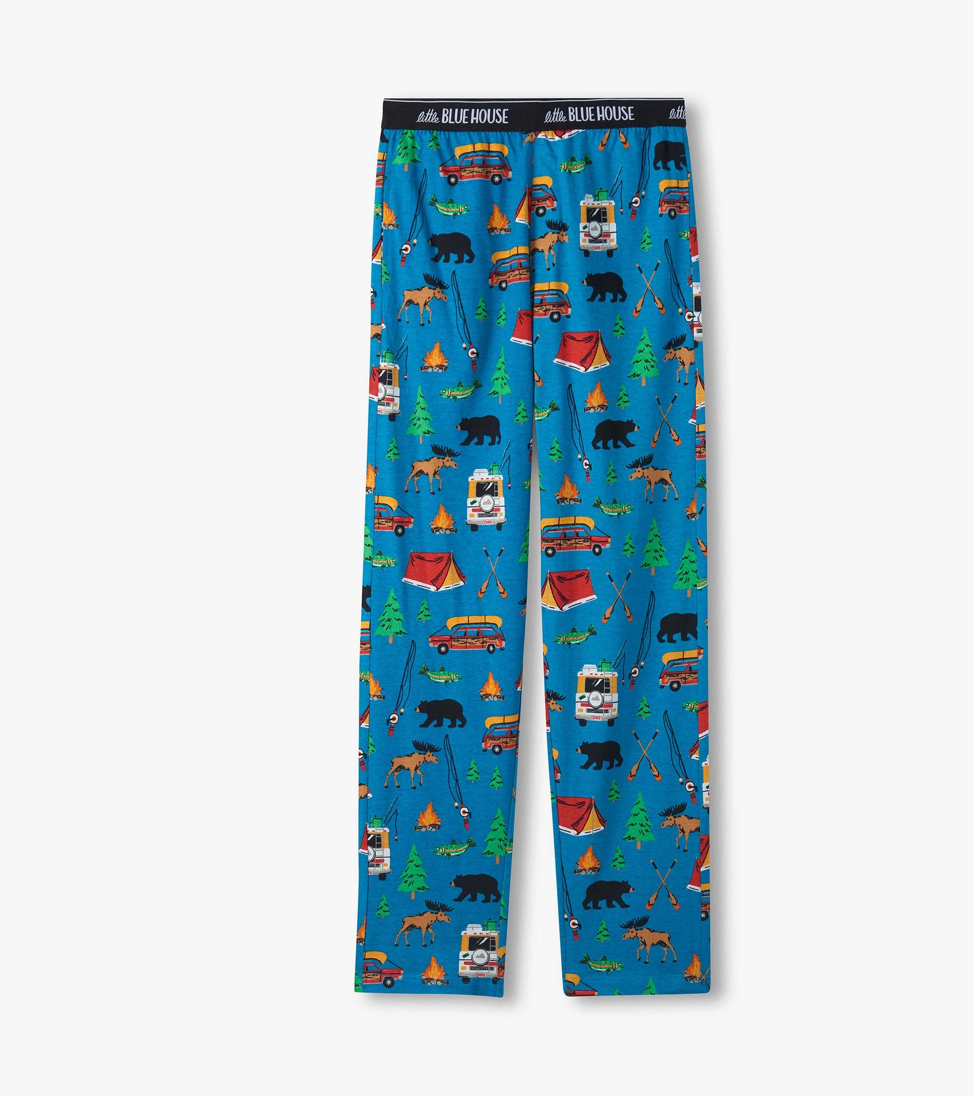 Blue pajama pants laid flat with camping print of tents, bears, trees, fish and woodie wagons