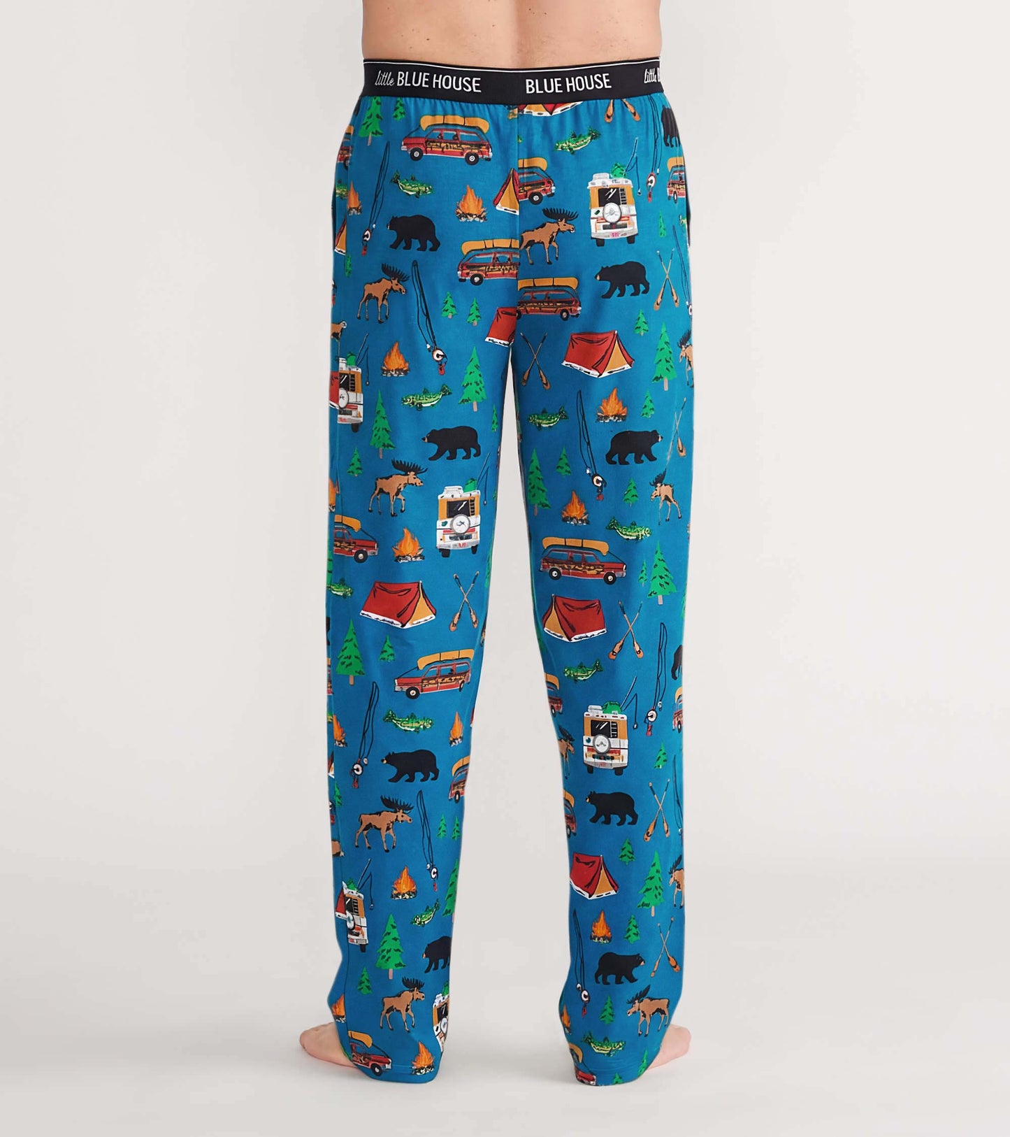 Back view of blue pajama pants with camping print and Little Blue House logo waistband
