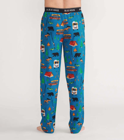 Back view of blue pajama pants with camping print and Little Blue House logo waistband