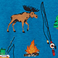 View Men's Retro Camping Pajama Pants - Cartoon moose by a campfire with a fishing rod and tackle box