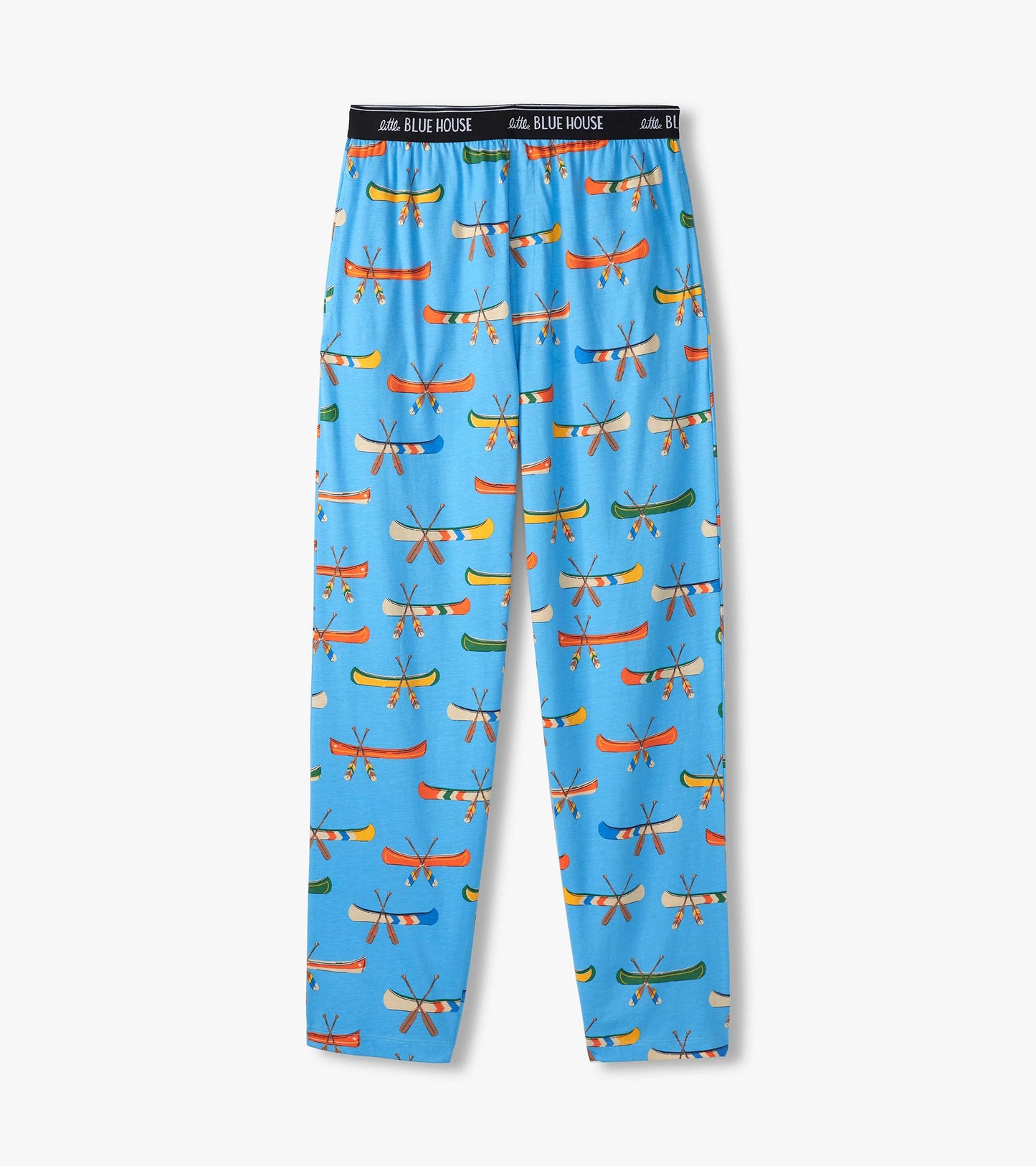 Men's pajama pants laid flat in blue with colorful canoe and crossed paddles print