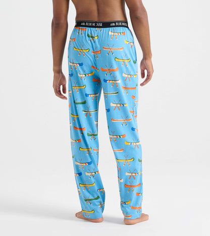 Back view of men's blue pajama pants with colorful canoes and crossed paddles print