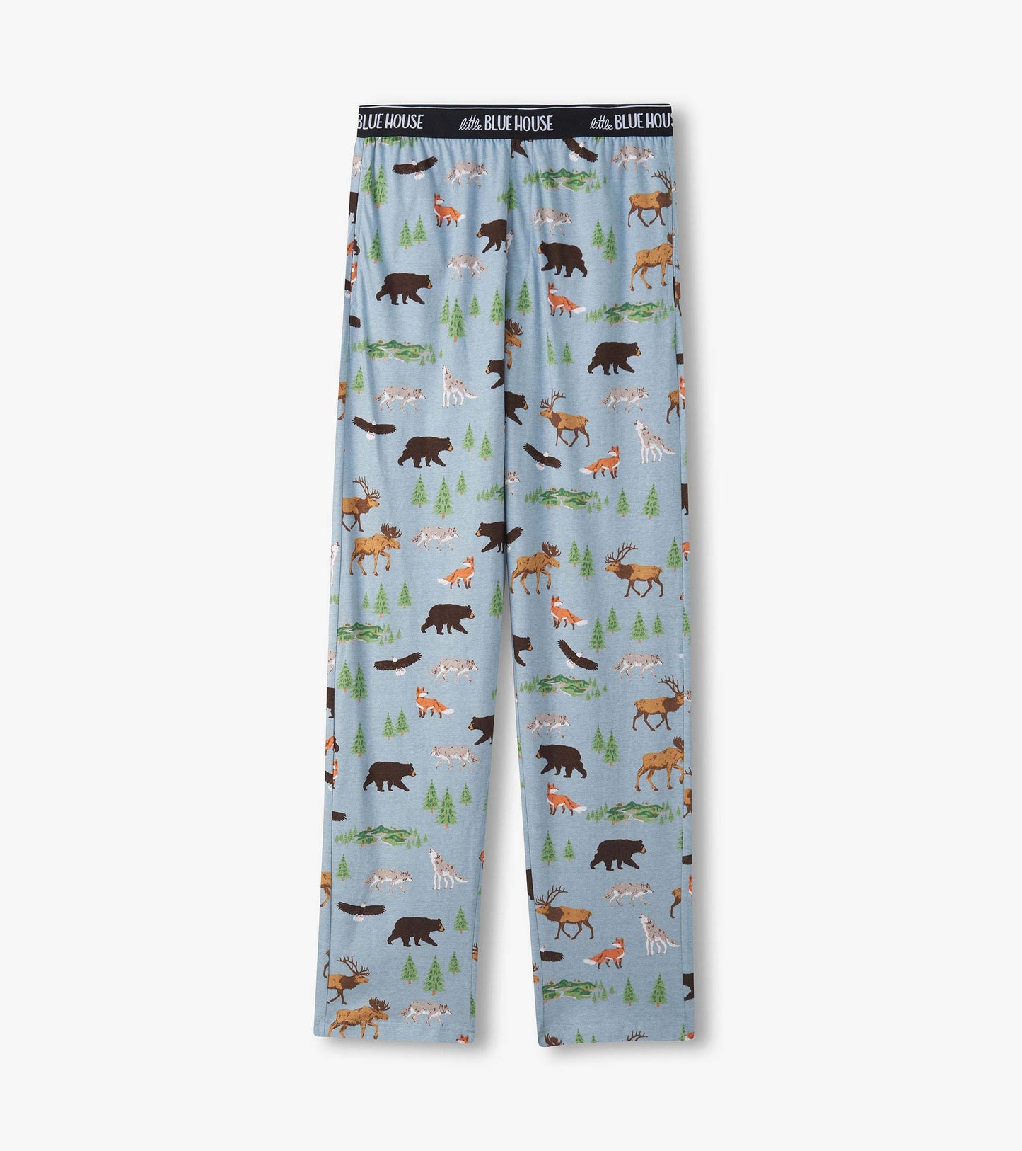 Light blue pajama pants laid flat with wilderness animal and tree print and logo waistband