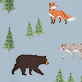View Men's Northern Wilderness Pajama Pants - Bear, fox, and wolf with pine trees on a light blue background
