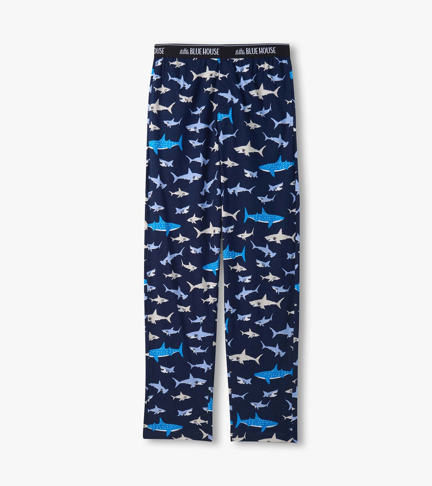 Navy pajama pants with allover shark print and black elastic waistband, shown front view.
