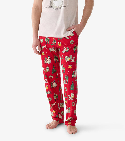 Close view of red Christmas pajama pants with vintage holiday scenes and side pocket