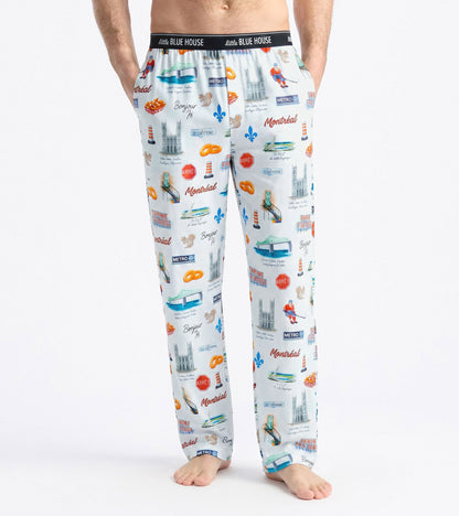Front view of men's white pajama pants with Montreal print and black Little Blue House waistband