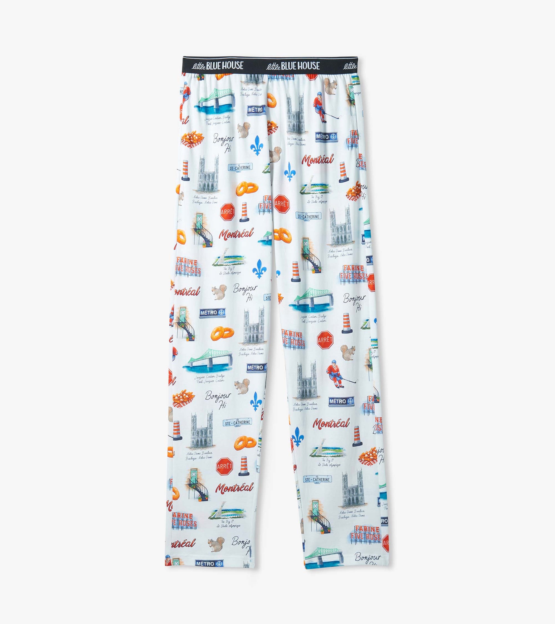 Men's Montreal pajama pants laid flat, white with city icons, hockey players and black logo waistband
