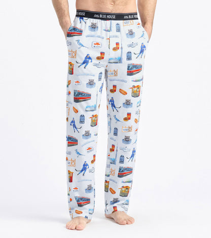 Front view of men's white pajama pants with Toronto landmark and streetcar print and black logo waistband