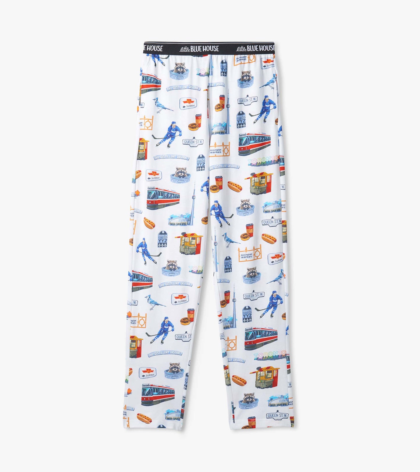 Men's Toronto pajama pants laid flat, white with streetcars, hockey players, CN Tower and street sign print