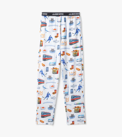 Men's Toronto pajama pants laid flat, white with streetcars, hockey players, CN Tower and street sign print