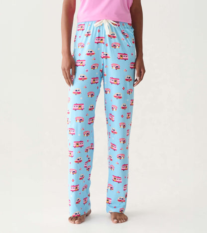 Light blue pajama pants with colorful camper print, straight leg, white drawstring waistband, front view