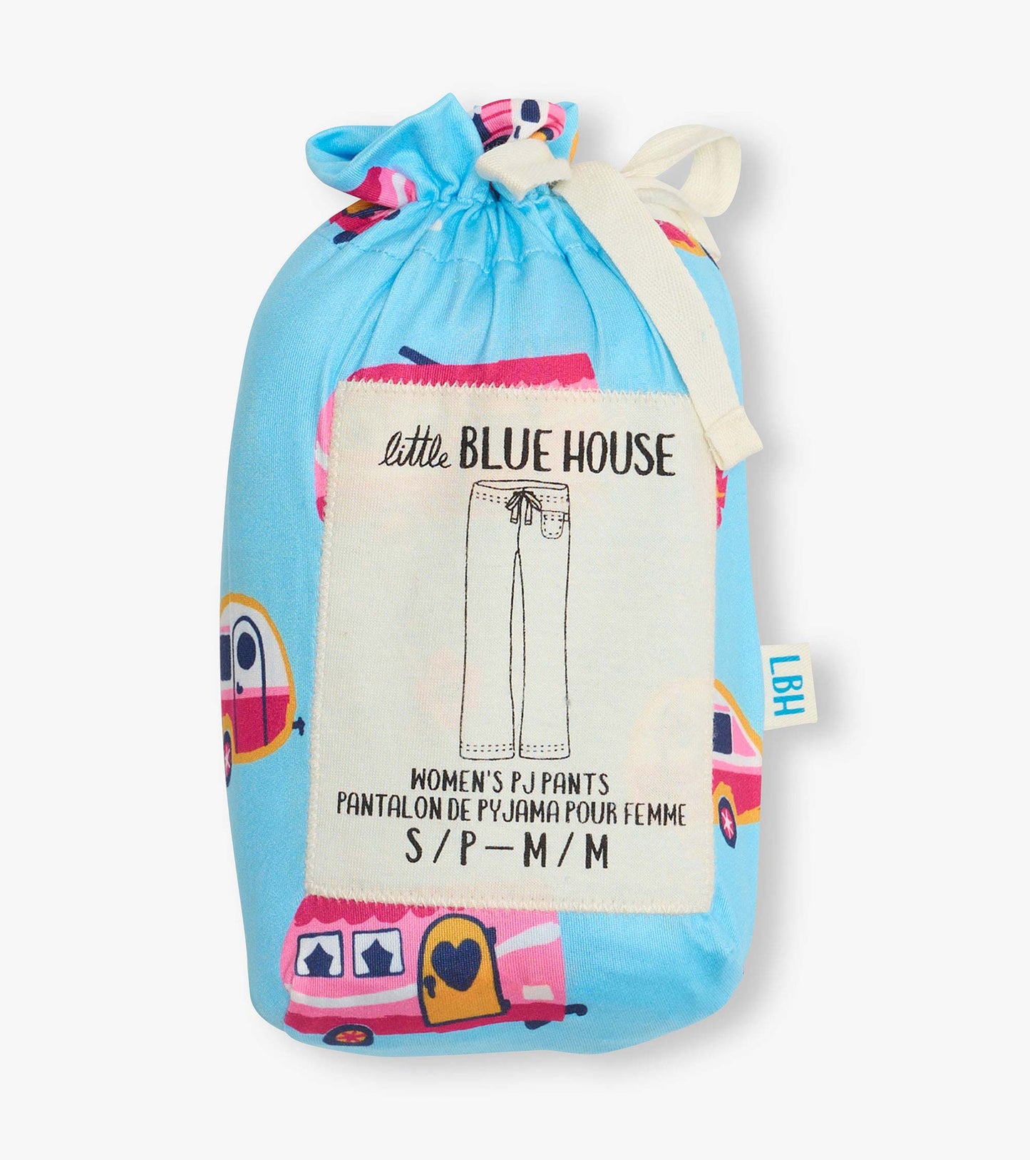 Folded blue pajama pants in a drawstring pouch with colorful camper print and label tag