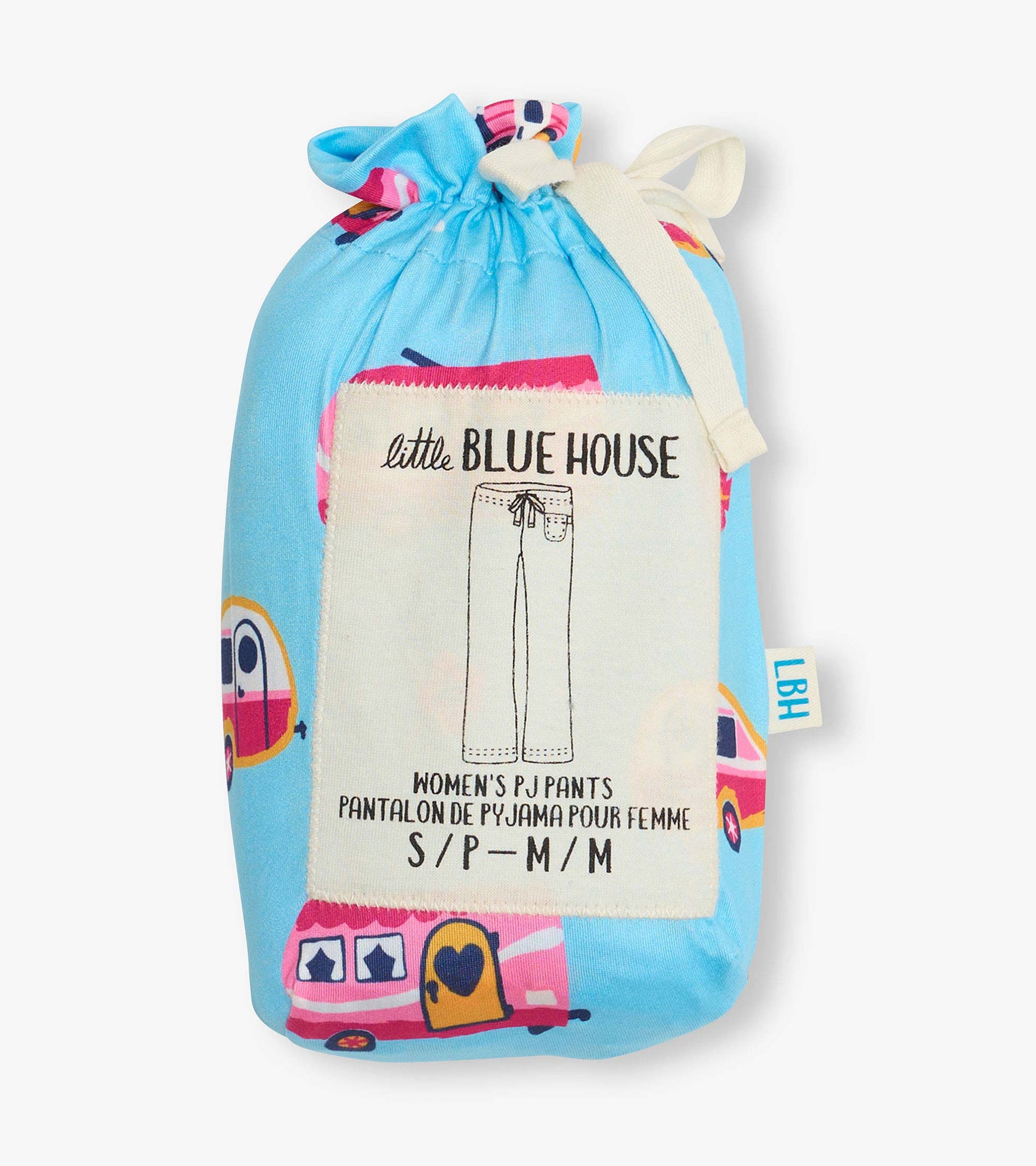 Folded blue pajama pants in a drawstring pouch with colorful camper print and label tag