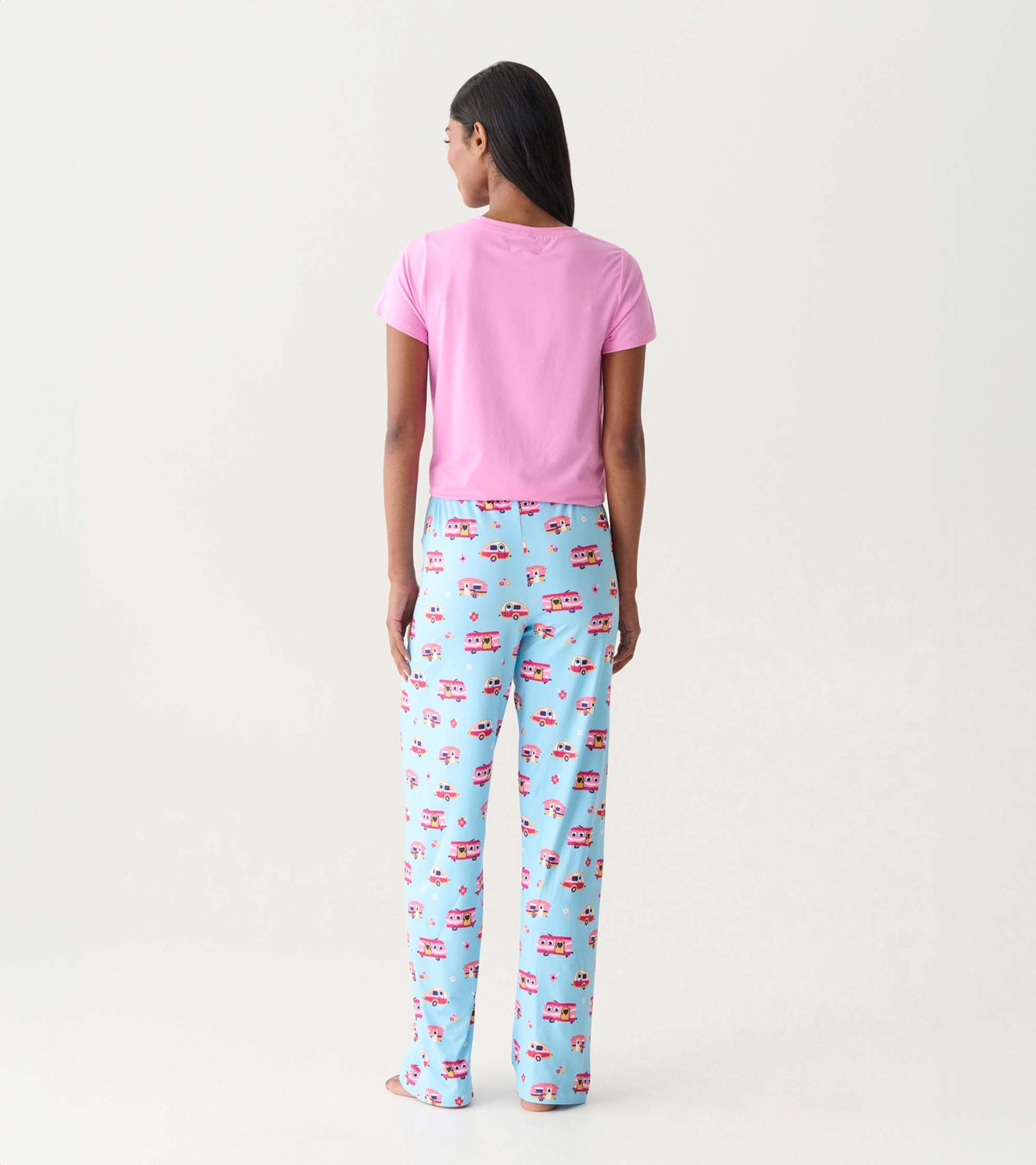 Back view of pink pajama top and light blue pajama pants with colorful camper print