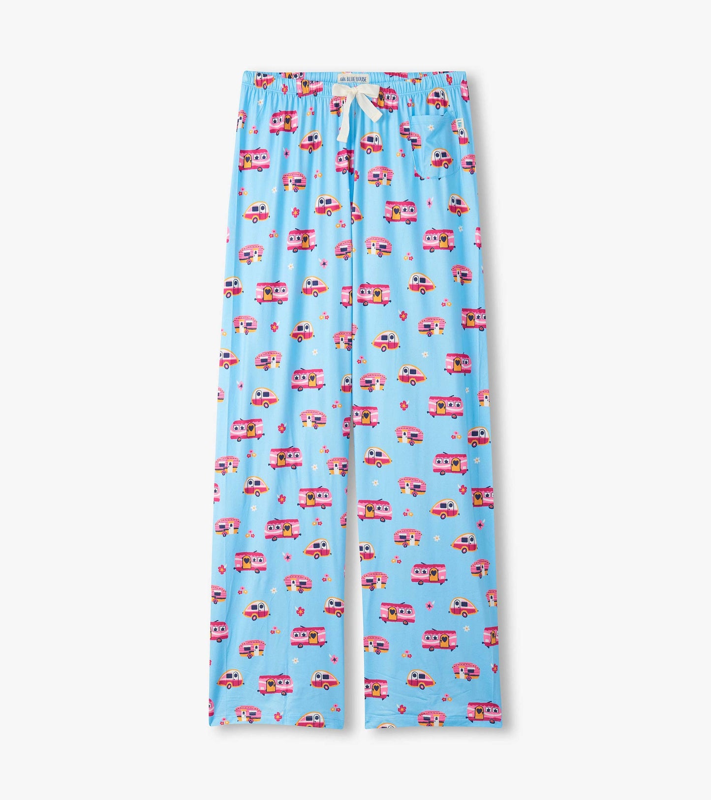 Light blue pajama pants with pink camper and flower print, white drawstring waist, front view