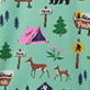 View Women's Hiking Trail Polyknit Pajama Pants - Camping-themed pattern with a pink tent, campfire, trees, mountains, backpacks, a canoe, binoculars, and signs on a teal