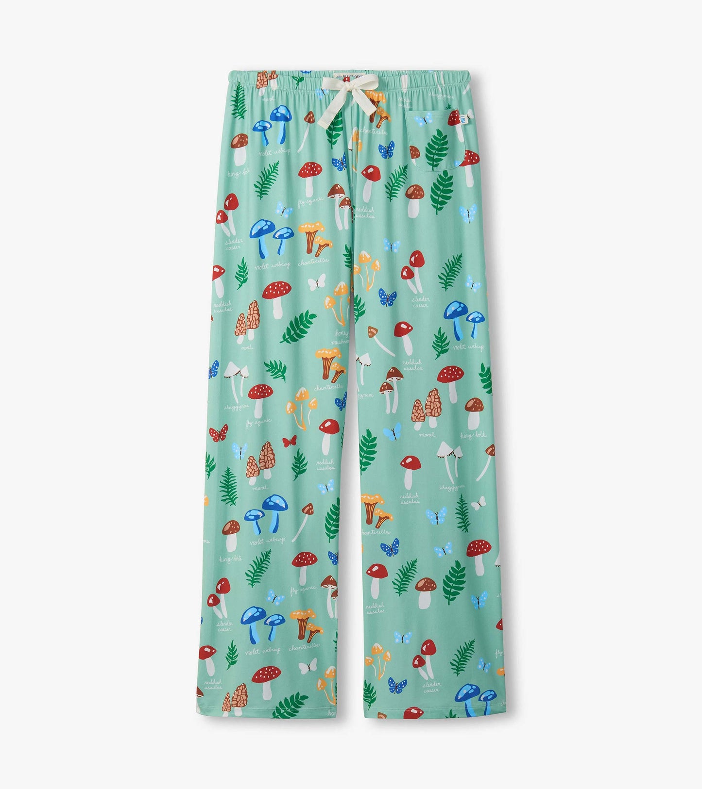 Mint green pajama pants with mushroom, butterfly, and fern print, elastic waist, and white drawstring.