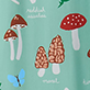 View Women's Mushrooms Polyknit Pajama Pants - Two red-and-white spotted mushrooms, three pinecones, and two blue butterflies on a teal background with small Arabic te