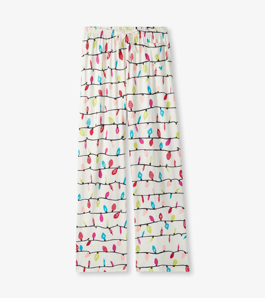 Women's pajama pants with colorful Christmas light print, elastic drawstring waist, and side patch pocket