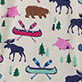 View Women's Sketch Country Polyknit Pajama Pants - Pattern with dogs, cats, fish, birds, and blue bows on a light background