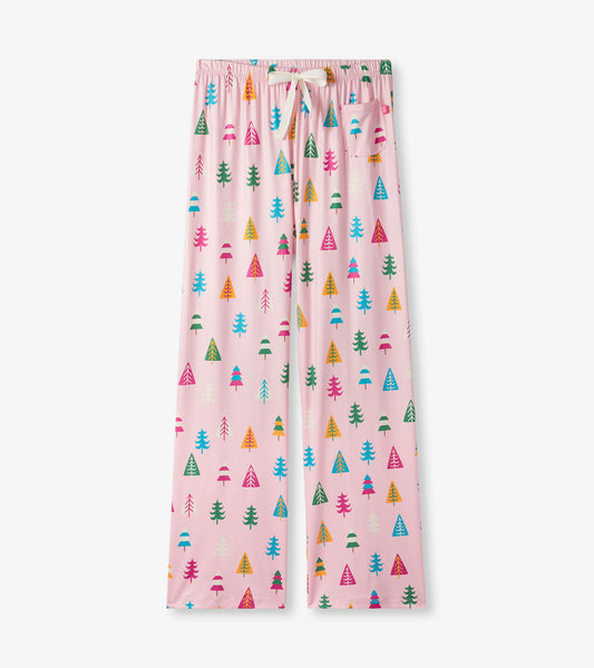 Women's pink pajama pants with colorful holiday tree print, drawstring waist, and back patch pocket