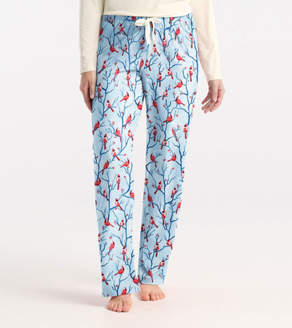 Light blue pajama pants with red cardinal and navy branch print, straight leg, front view, drawstring waist