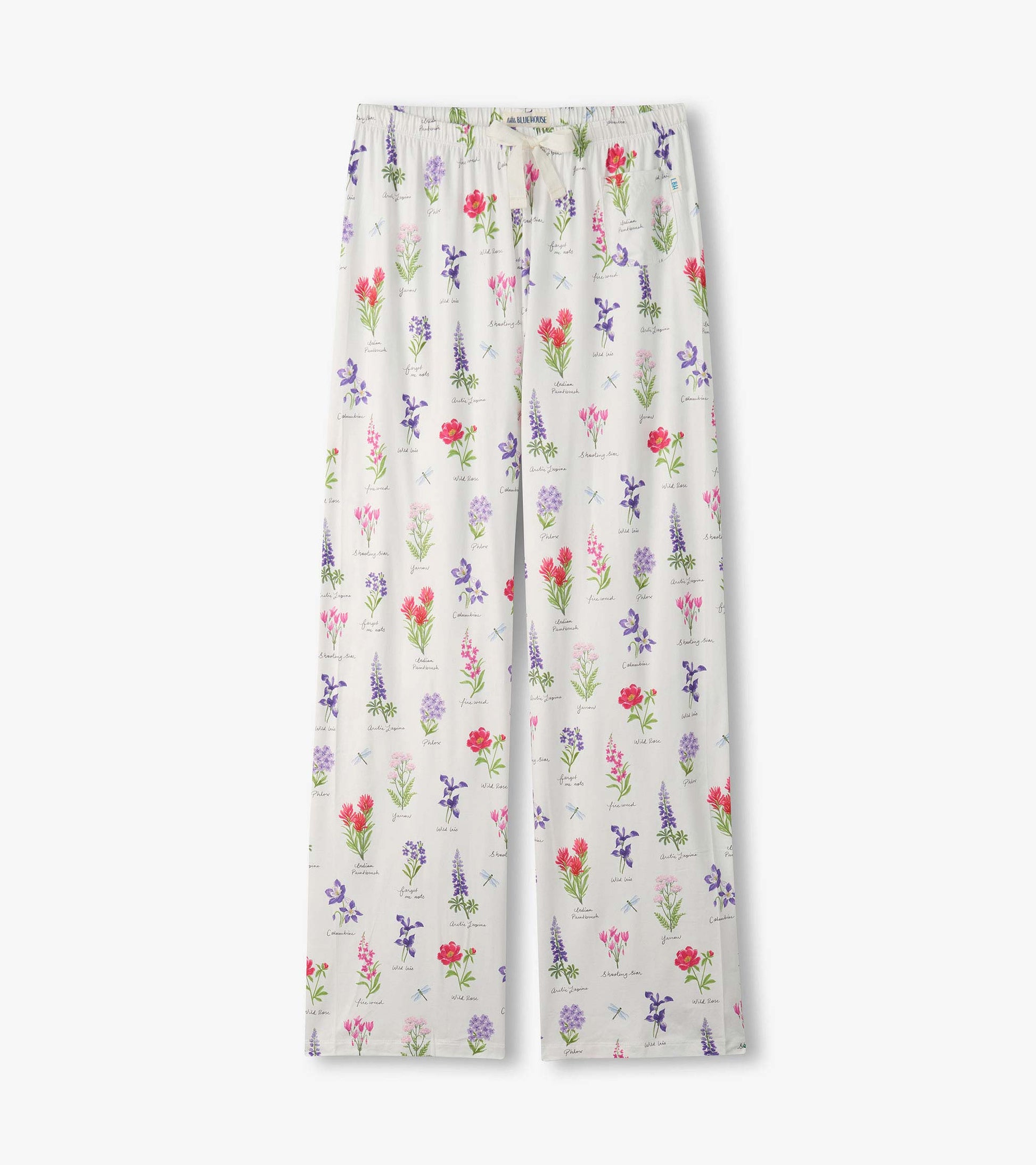 White pajama pants with colorful wildflower print and elastic drawstring waist, front view
