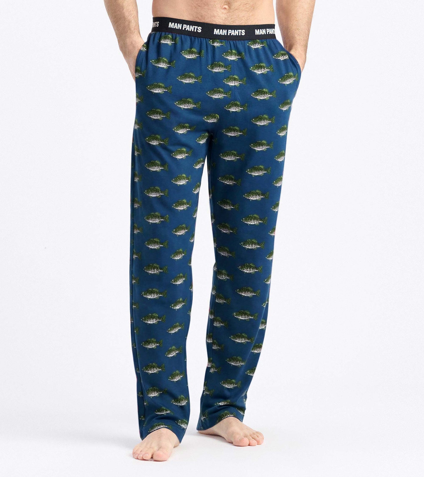 Blue men's pajama pants with allover fish print and black elastic waistband, front view