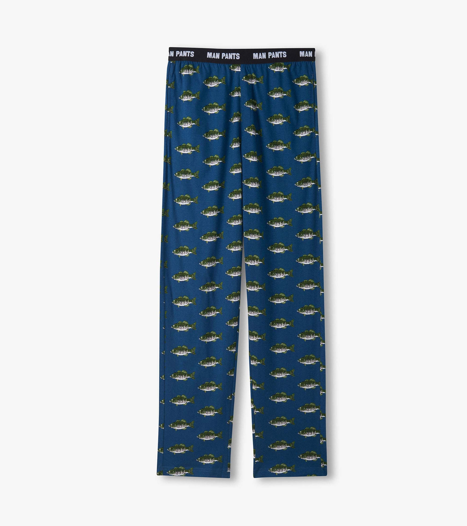 Blue men's pajama pants with allover fish print and black elastic waistband, front view