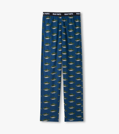 Blue men's pajama pants with allover fish print and black elastic waistband, front view