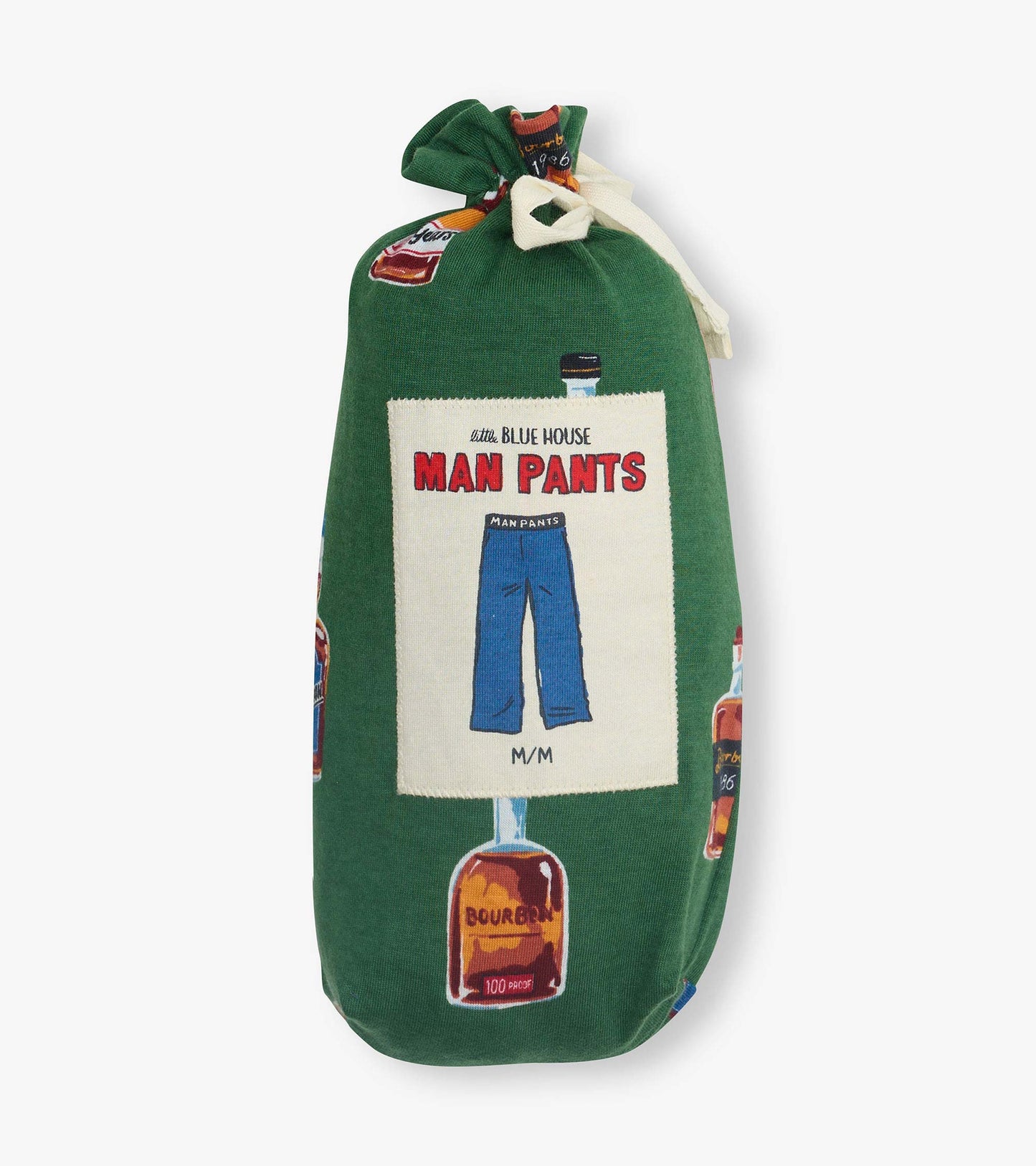 Green pajama pants with bourbon bottle print and a front label graphic, folded and tied with a white ribbon.