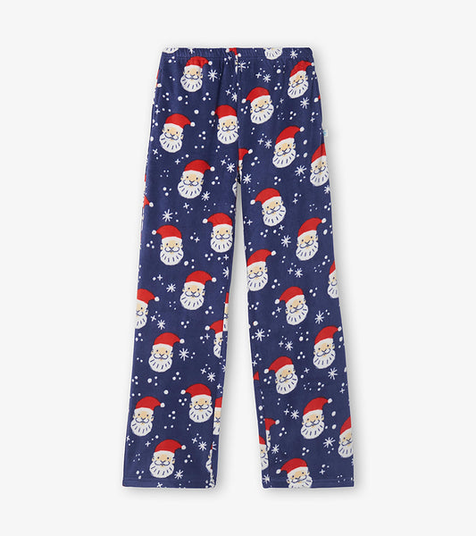 Kids navy polar pants with allover Santa face and white snowflake print, shown flat front view