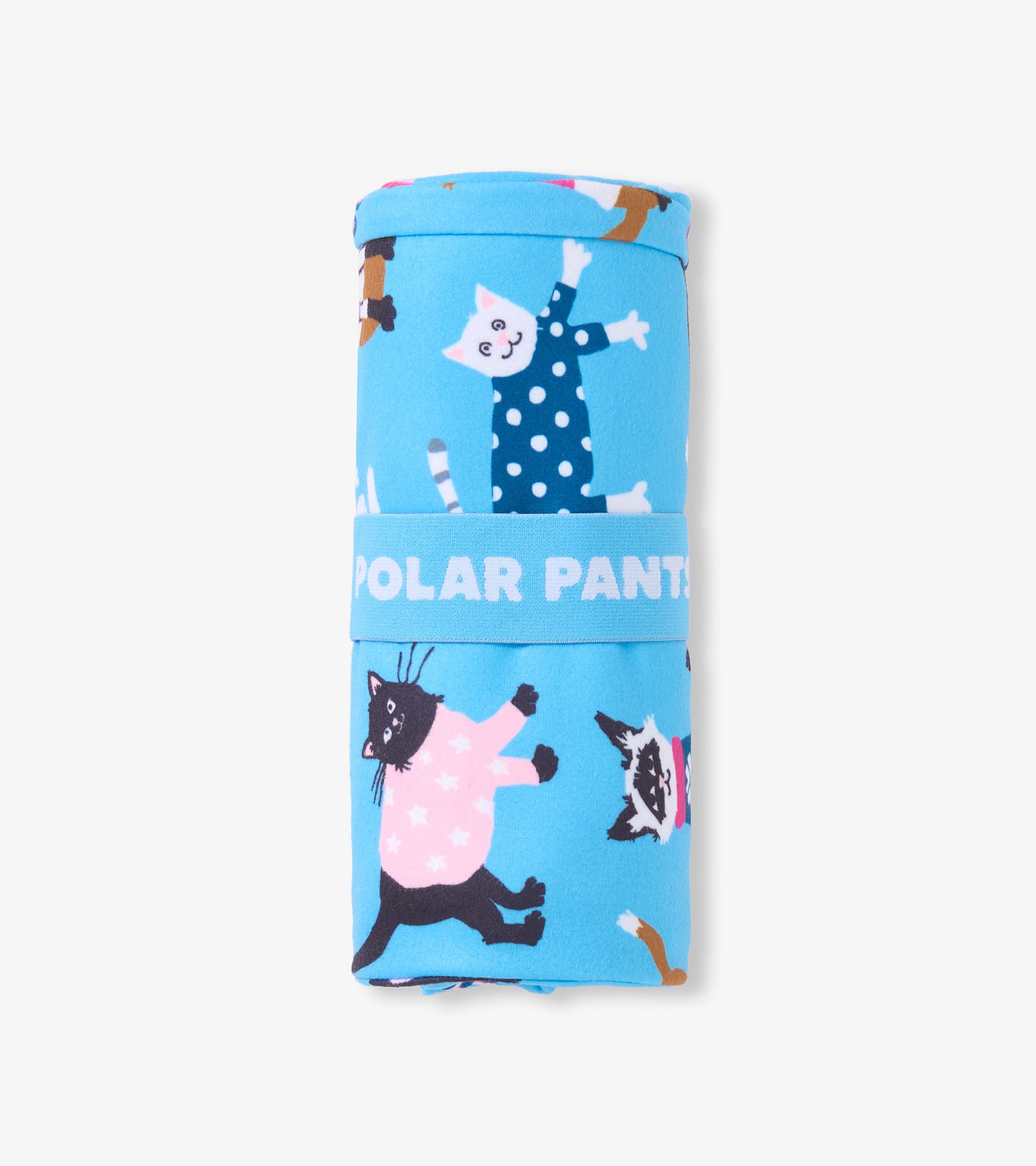 Light blue polar pants featuring playful cat patterns in various colors, rolled and secured with a band labeled "POLAR PANTS.