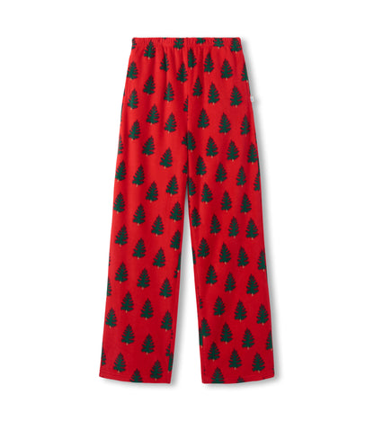 Red polar pants featuring a pattern of green trees, designed for girls, with an elastic waistband for comfort.