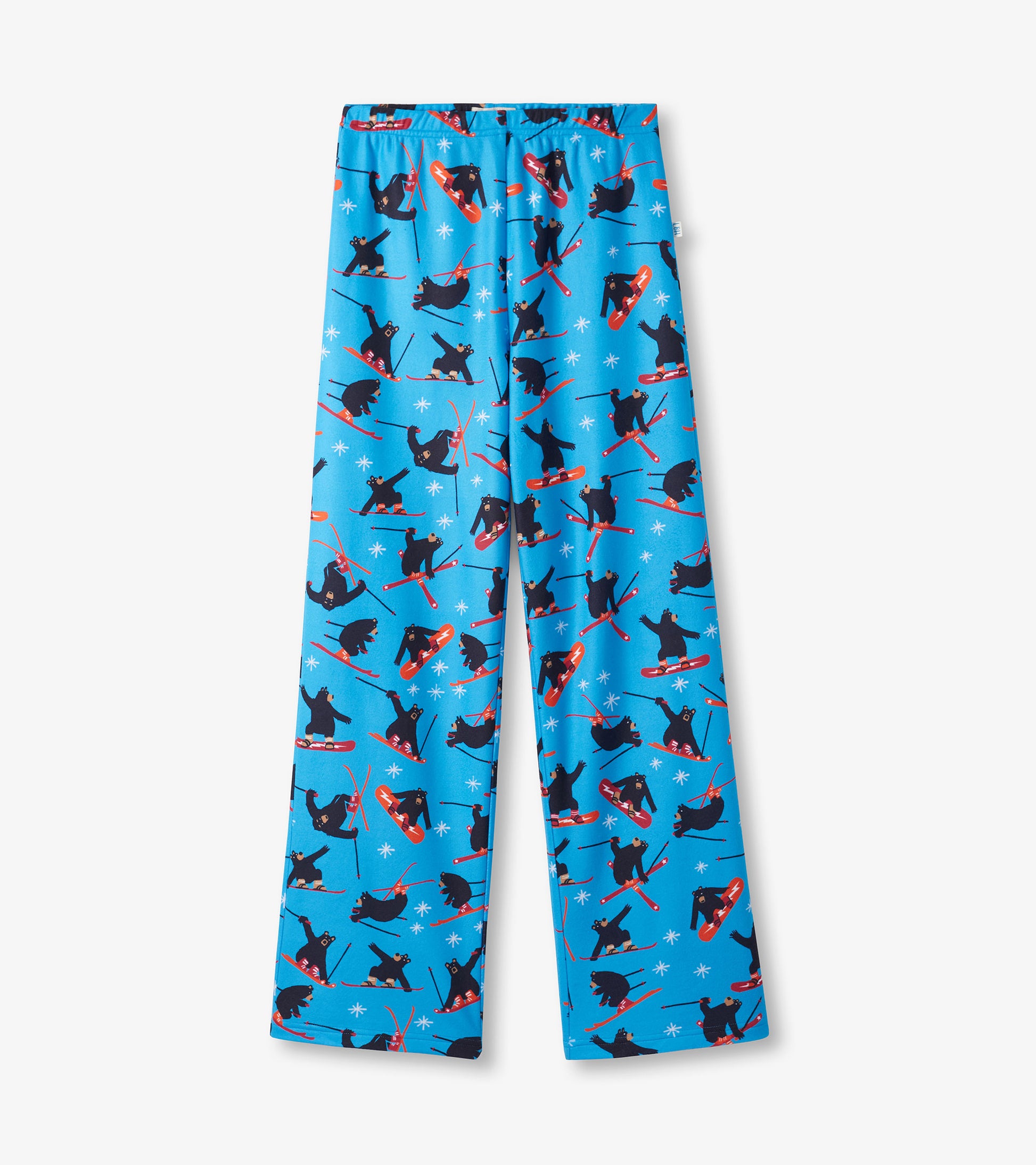 Blue polar pants featuring a playful bear skiing pattern, ideal for casual wear.