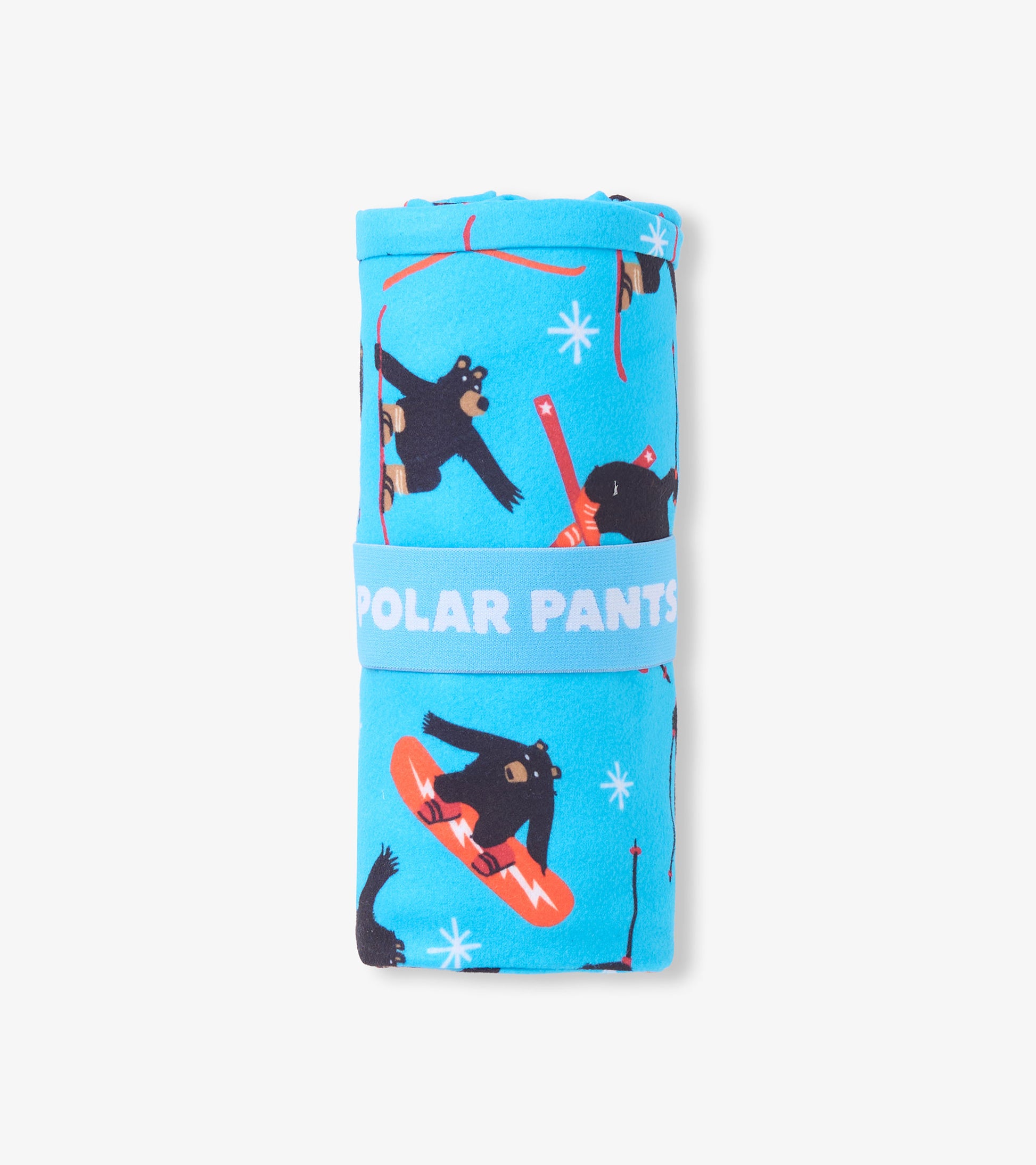 Blue fleece pants featuring playful bear and snowflake patterns, rolled and secured with a band labeled "POLAR PANTS.