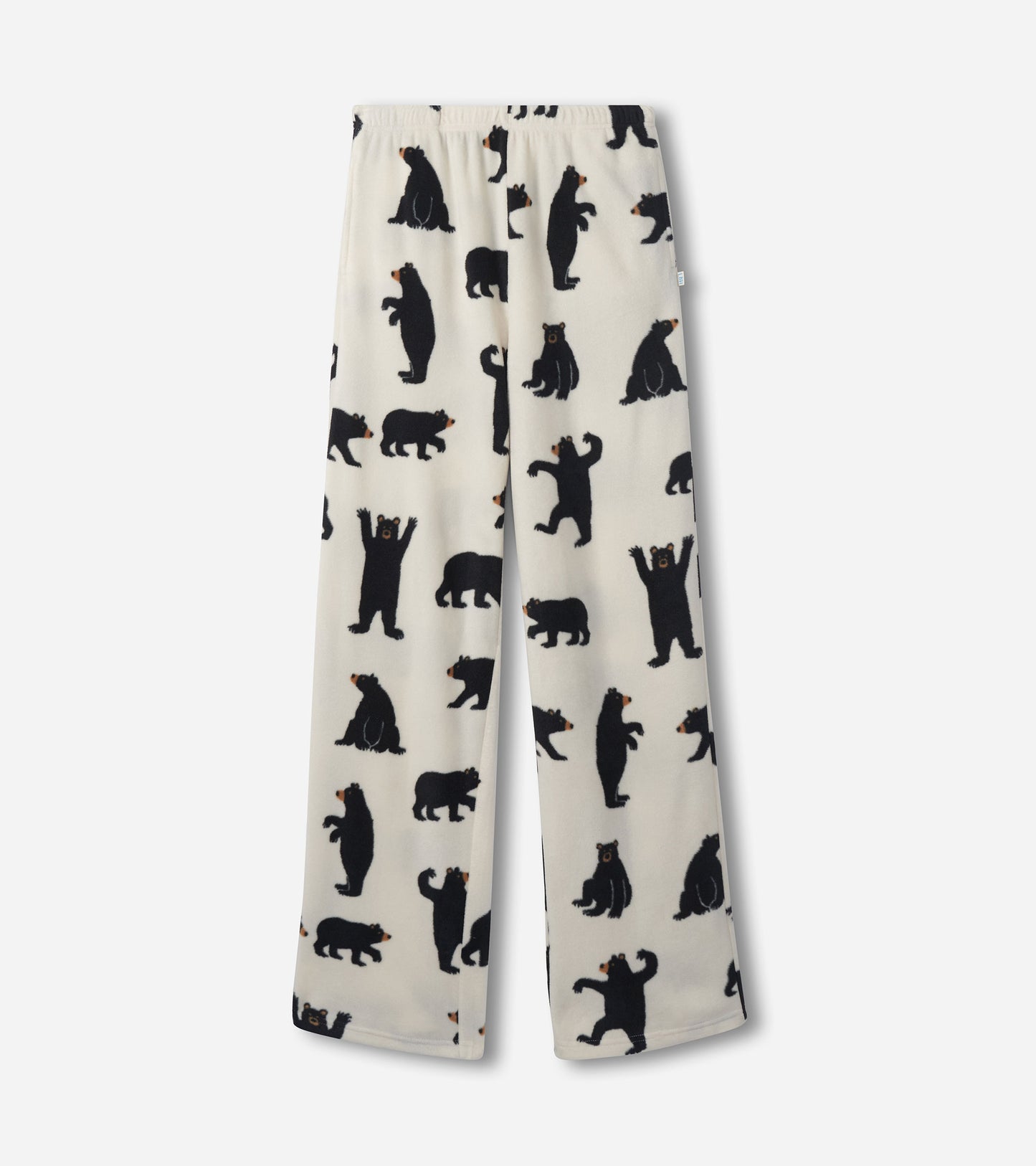 Black bear patterned polar pants in cream, featuring various bear silhouettes, designed for girls.