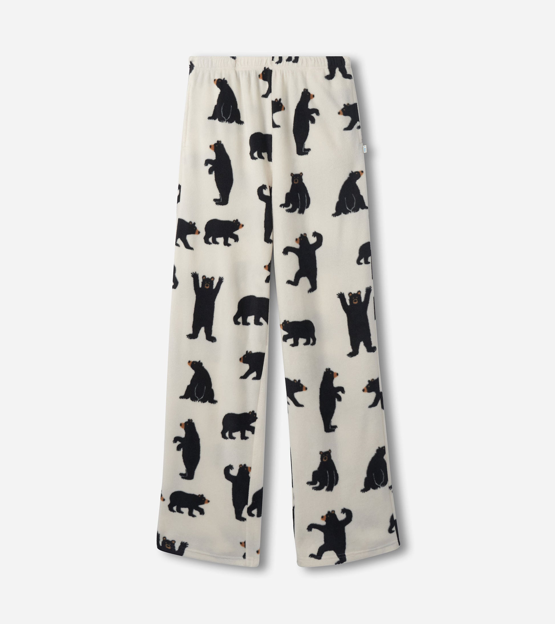 Black bear patterned polar pants in cream, featuring various bear silhouettes, designed for girls.