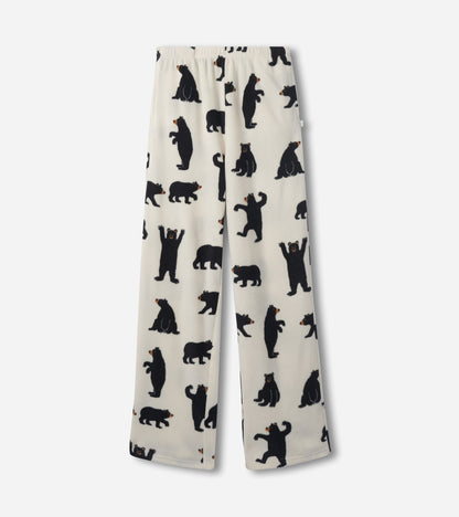 Black bear patterned polar pants in cream, featuring various bear silhouettes, designed for girls.