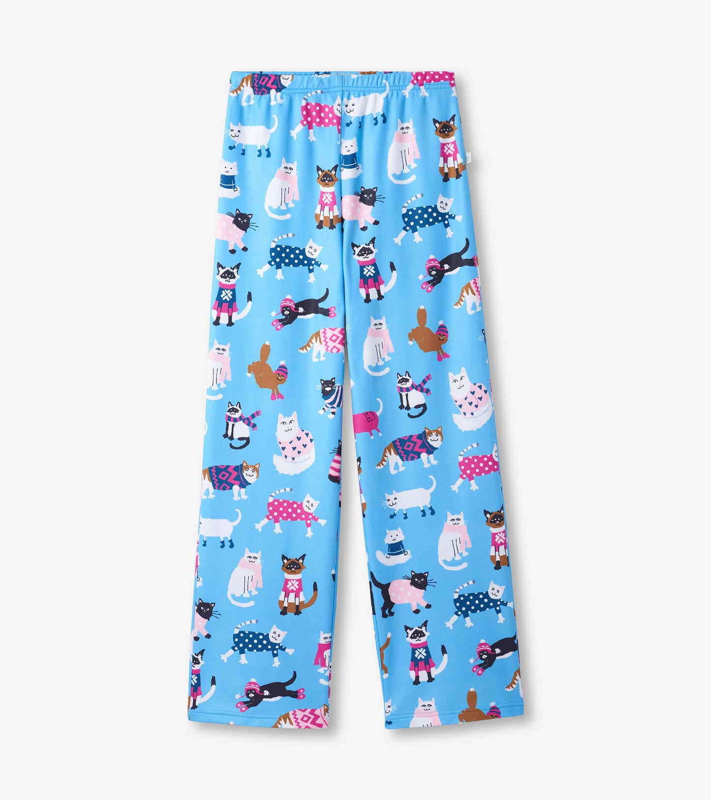 Light blue pants featuring a playful cat print in various colors and patterns, with an elastic waistband.