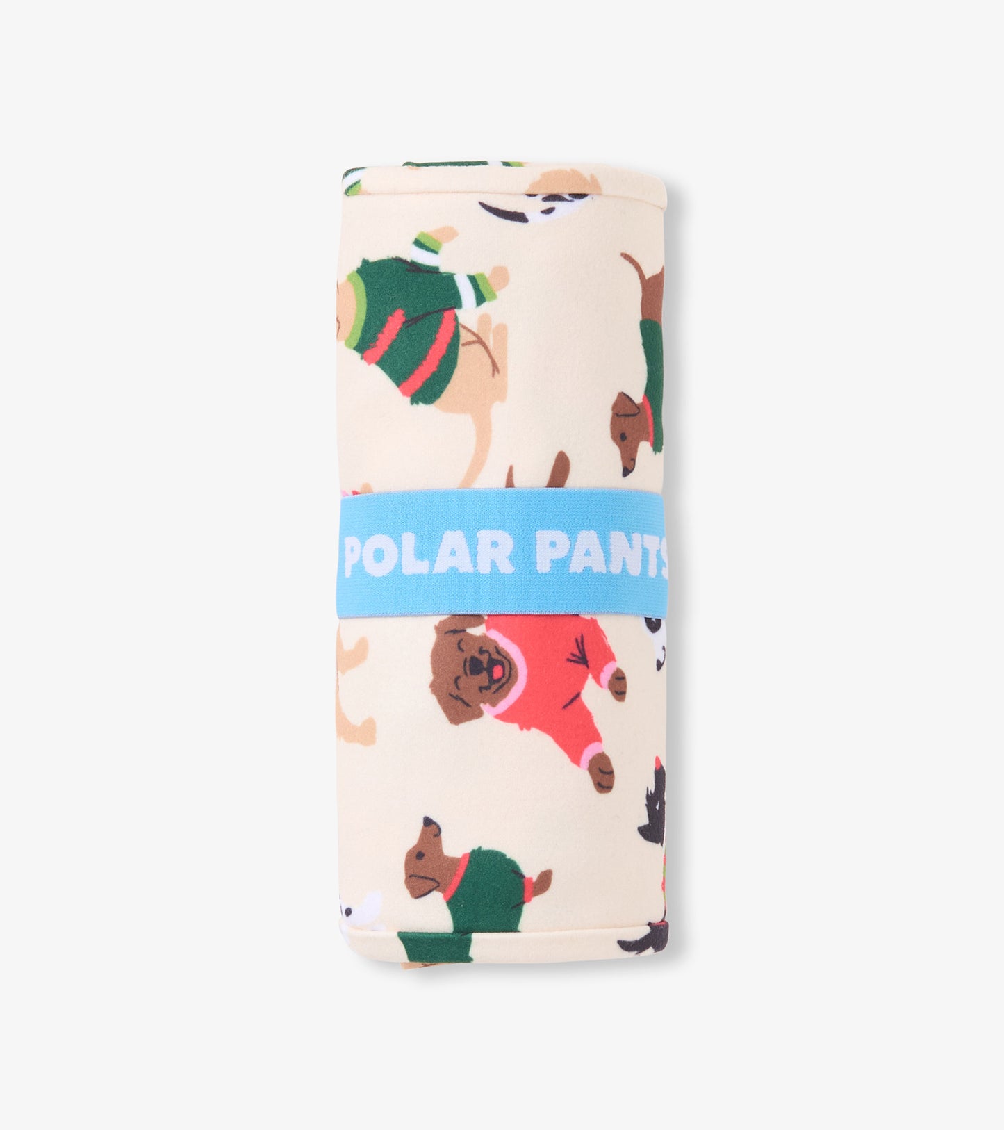 Cream-colored polar pants featuring a playful dog print in various colors, rolled and secured with a blue band.