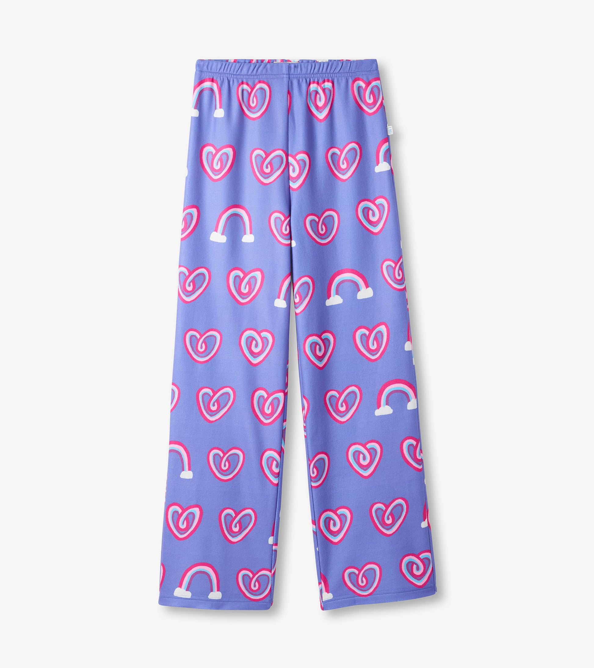 Purple polar pants featuring a playful pattern of pink hearts and rainbows. Elastic waistband for comfort.