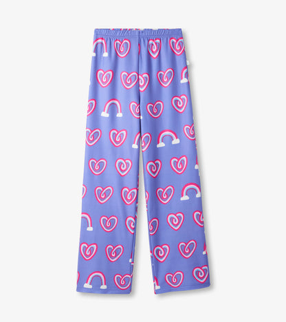 Purple polar pants featuring a playful pattern of pink hearts and rainbows. Elastic waistband for comfort.