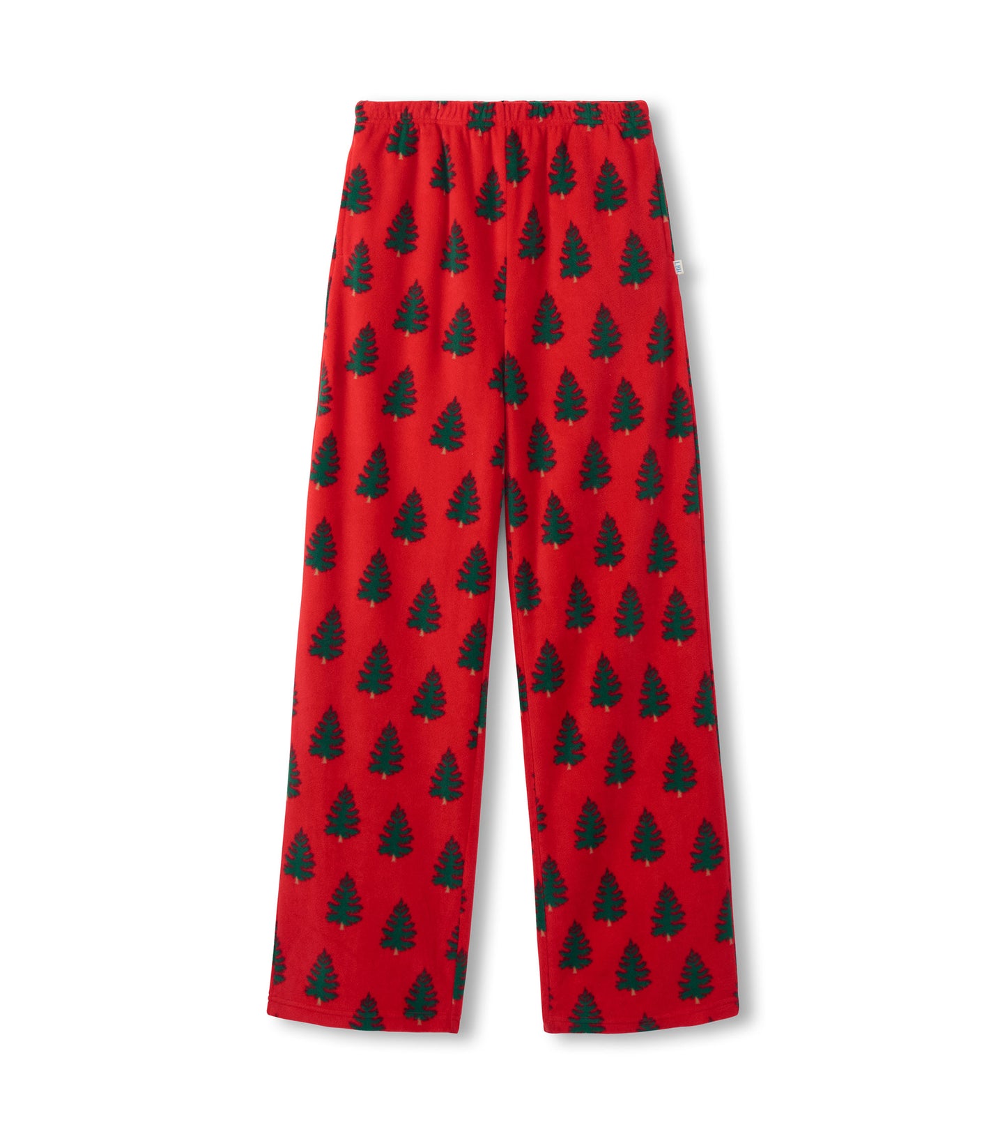 Red polar pants featuring a green tree pattern, designed for comfort and casual wear.