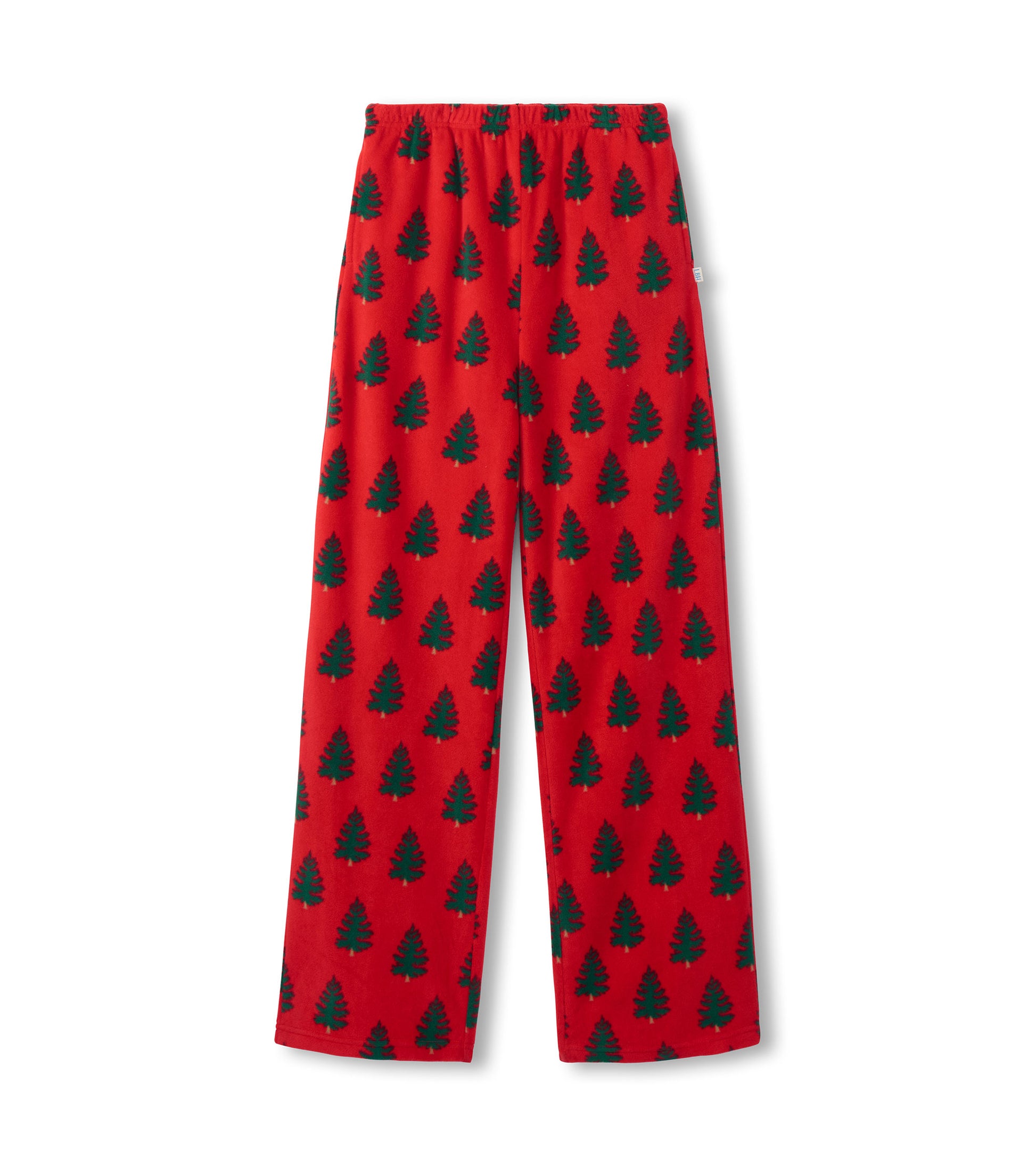 Red polar pants featuring a green tree pattern, designed for comfort and casual wear.