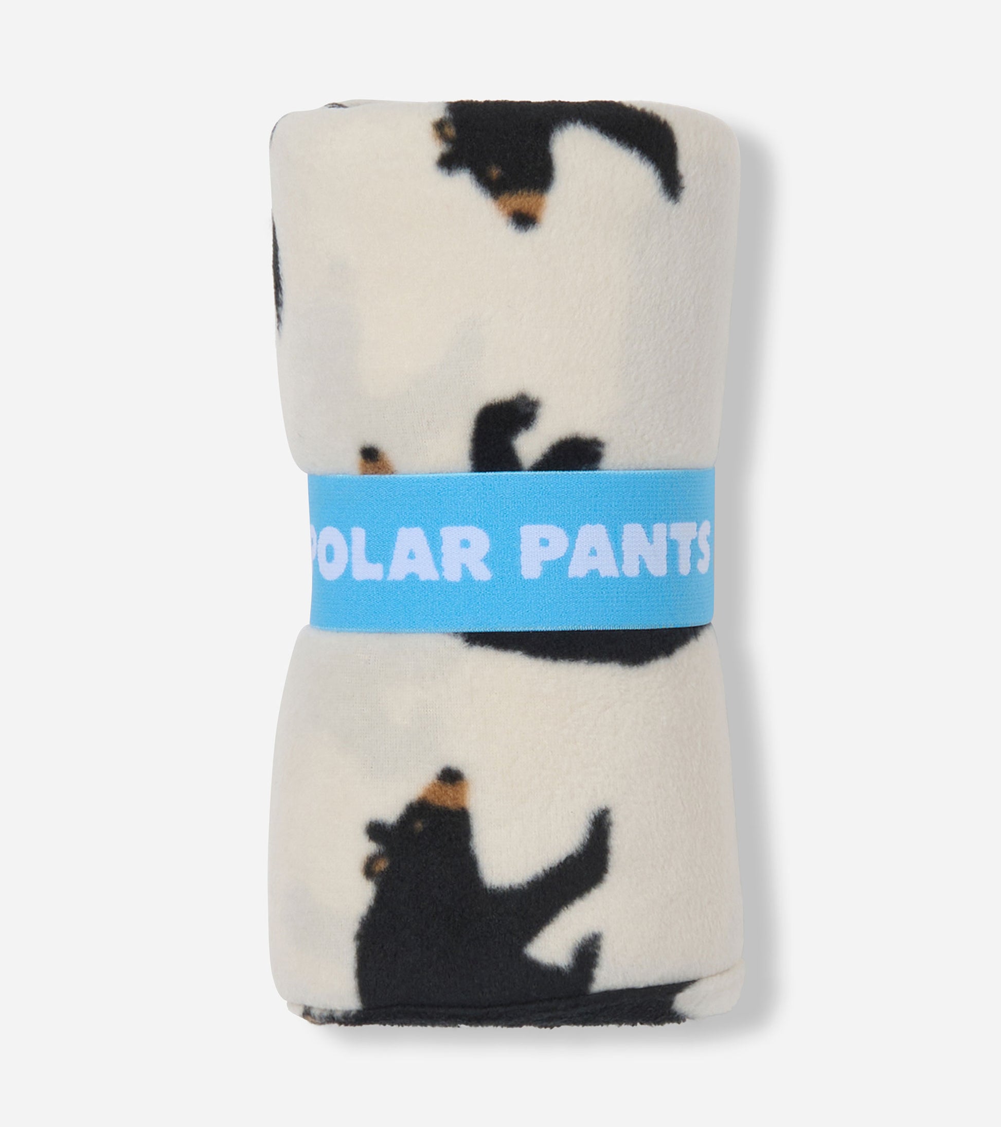 Black fleece pants featuring a playful bear pattern, rolled and secured with a blue band.