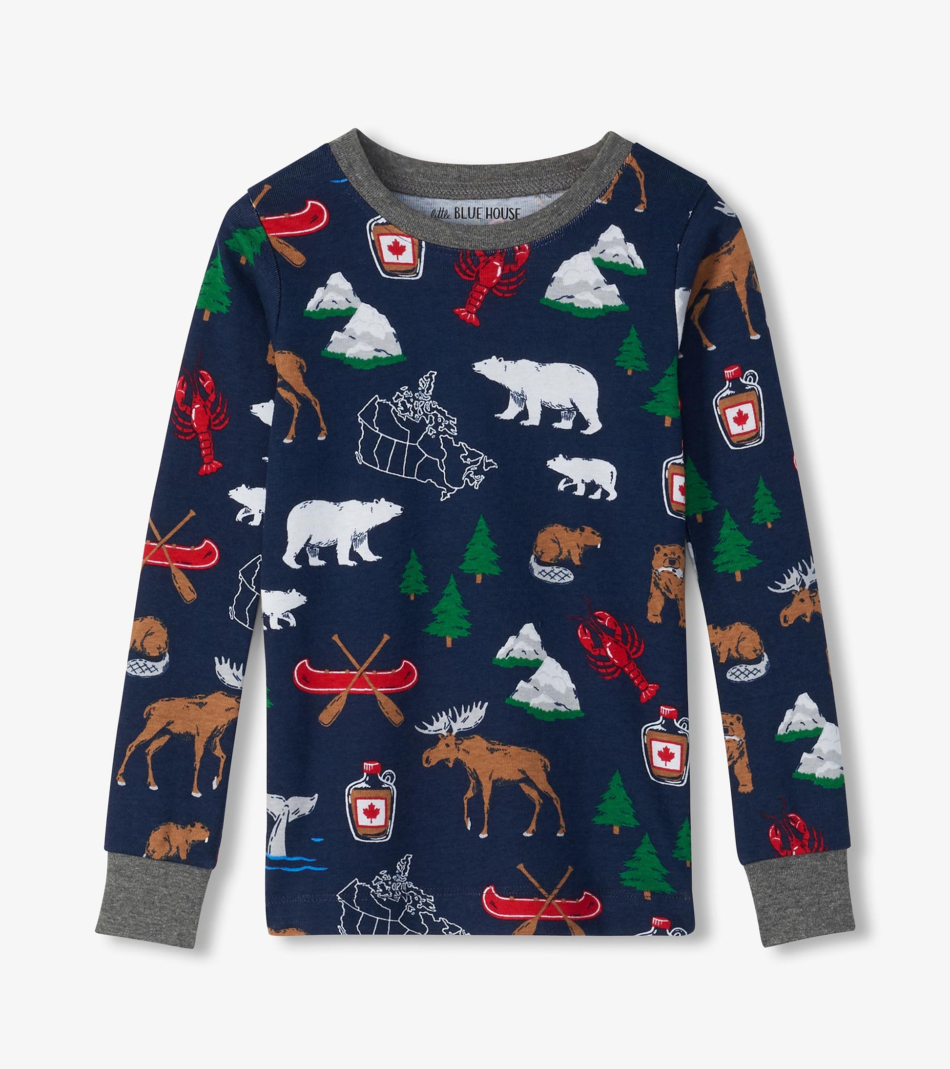 Long sleeve kids pajama top in navy with gray cuffs and collar, printed with bears, moose, trees, canoes and maps