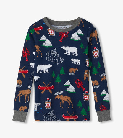 Long sleeve kids pajama top in navy with gray cuffs and collar, printed with bears, moose, trees, canoes and maps